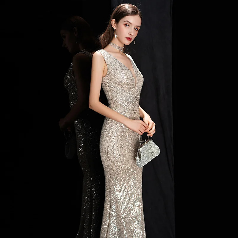 DEERVEADO Elegant V Neck Sequin Evening Dress Long Women Mermaid Formal Dress Party Gown Bodycon Maxi Prom Dress 241216
