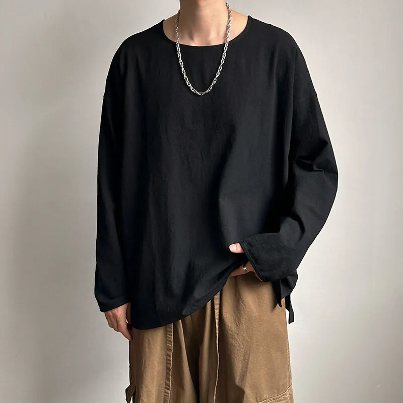 Spring Autumn Round Neck Loose TShirt Men Cotton Linen Long Sleeve Casual Male Tshirt Comfortable Breathable Hip Hop Tees Tops 241217