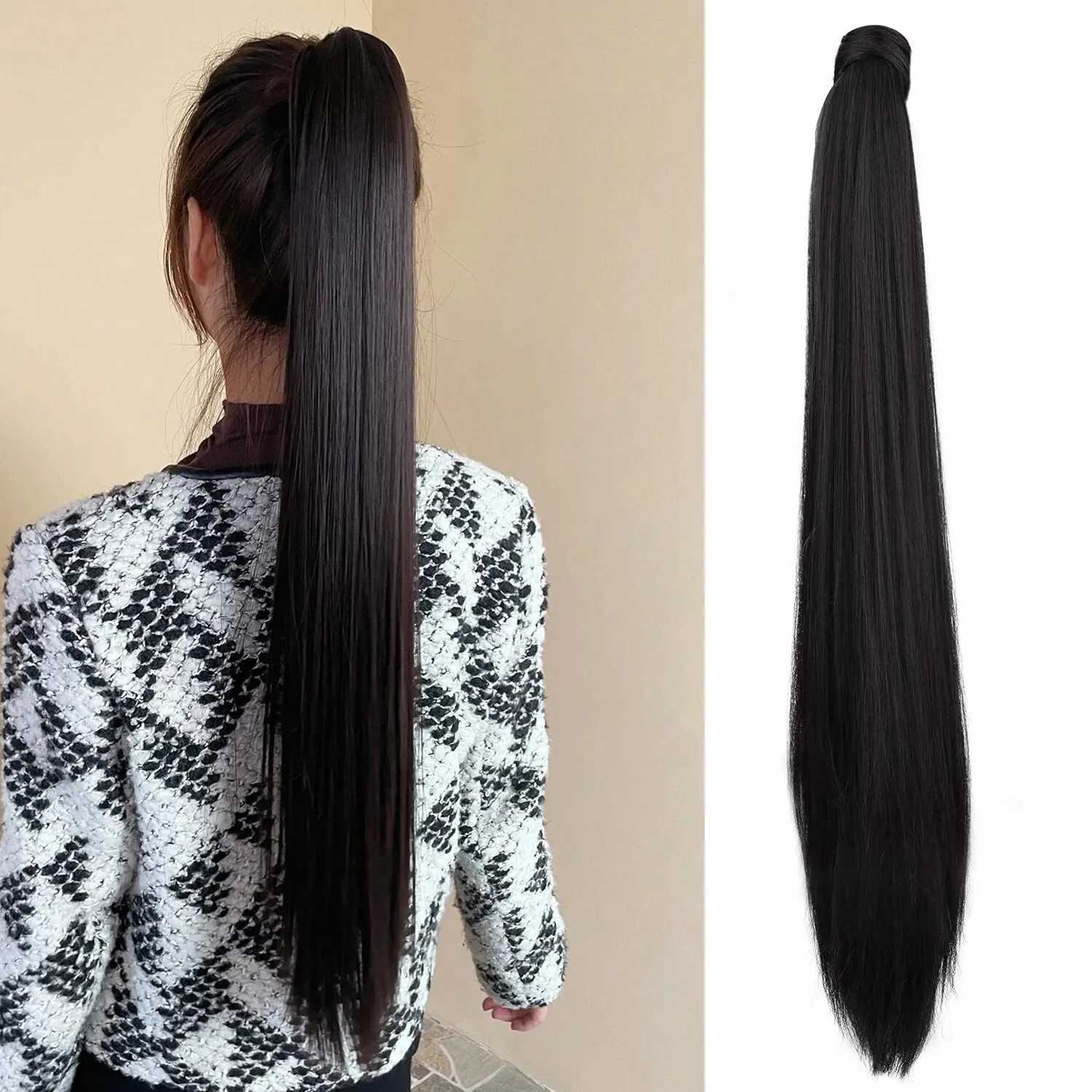 Clip in Ponytail Extension Wrap Around Long Straight Ponytail Natural Soft Synthetic Hairpiece for WomenXJ241221