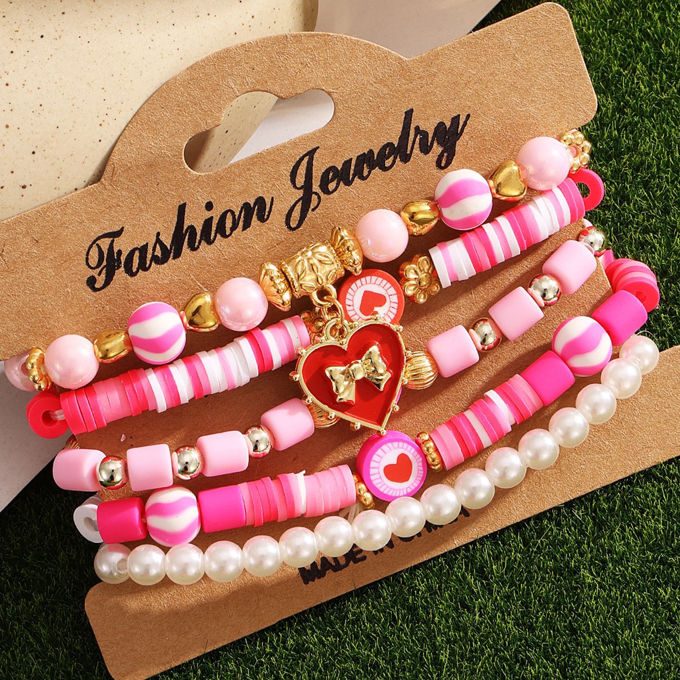 Valentine's Day Pink Heart Charm Elastic Bracelet with Soft Clay Beads 2025 Fashion Letter Jewelry Set Party Birthday Gifts