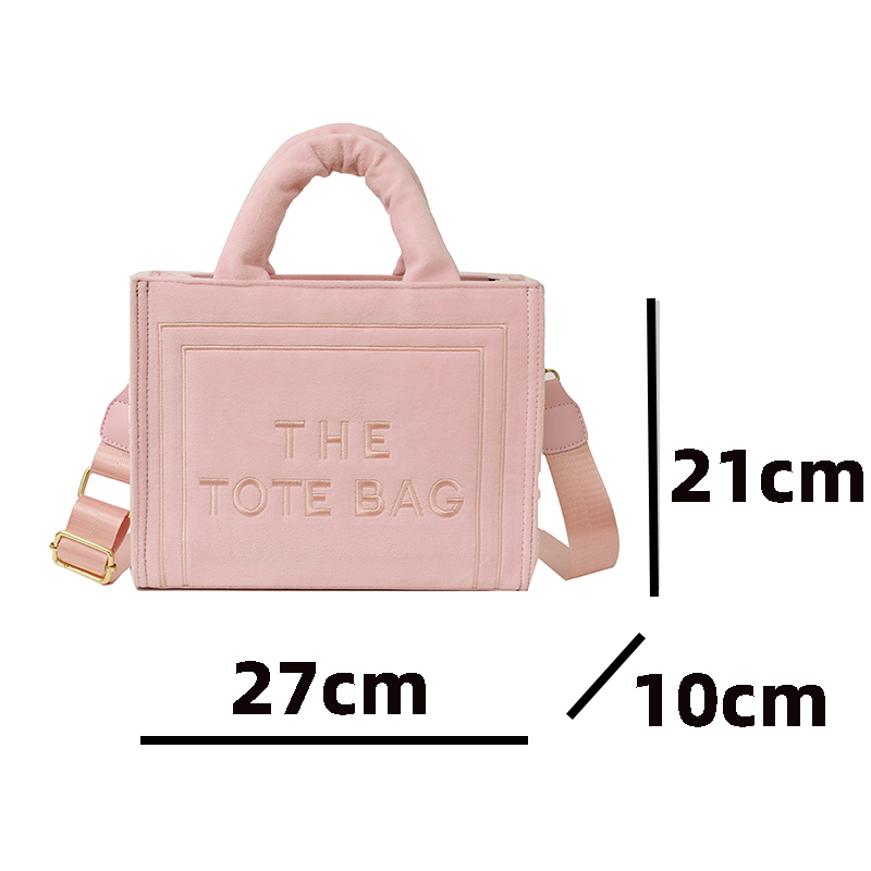 Women's Velour Pink Tote Bag Original Letter Print Medium Ladys Leisure Shopper Handbag Female Square Stylish Soft Shoulder Bags