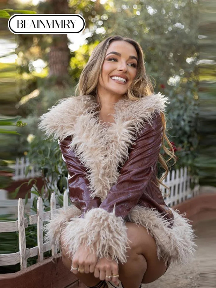 Fashion Brown Faux Fur Patchwork Leather Glossy Coat Female Chic Long Sleeves Thick Warm Jacket Winter High Street Outwear 241216