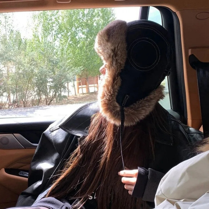 High quality leather Lei Feng hat mens winter thick warm ear protection pilot women outdoor bicycle plush bomber hat 241220