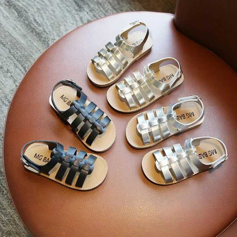 Sandals 1-6 Years Children Summer Outdoor Beach Shoes Girls Princess Knitted Open Toed Sandals Gold Silver Black H241217