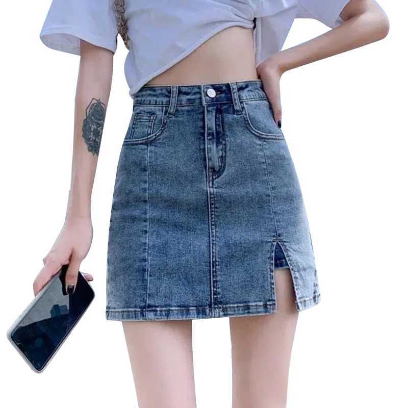 Korean High Wiast Denim Mini Skirt Women Sexy Hot Girl Tight Bag Hip Skirts Fe Slim Anti-Glare Short Split Skirts JK Y2KXJ241221