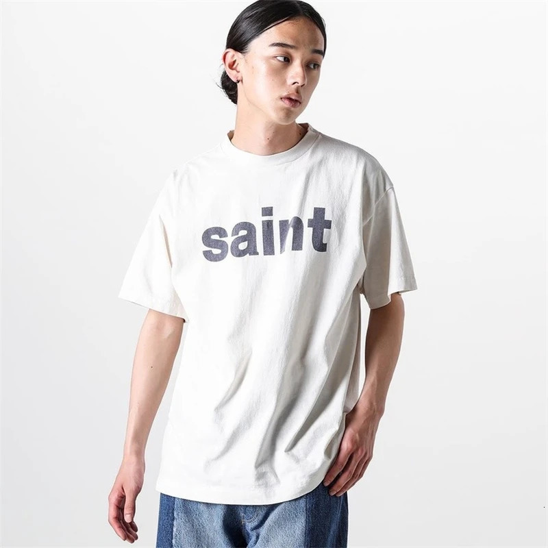 Vintage Letter Double sided Printed Washed High Street Short Sleeve Japanese Casual Loose Pure Cotton Tshirt 241217