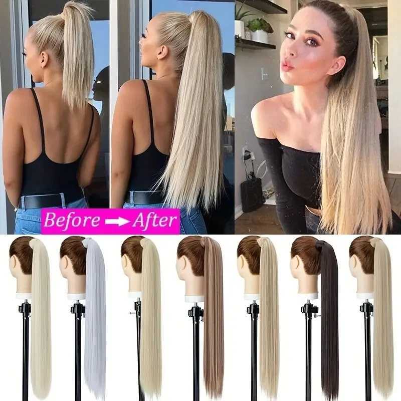 Snoilite Synthetic Long Straight Ponytail Extensions 28 Inch Wrap Around Light Golden Brown Ponytails Hair Piece Pony Tail HairXJ241221