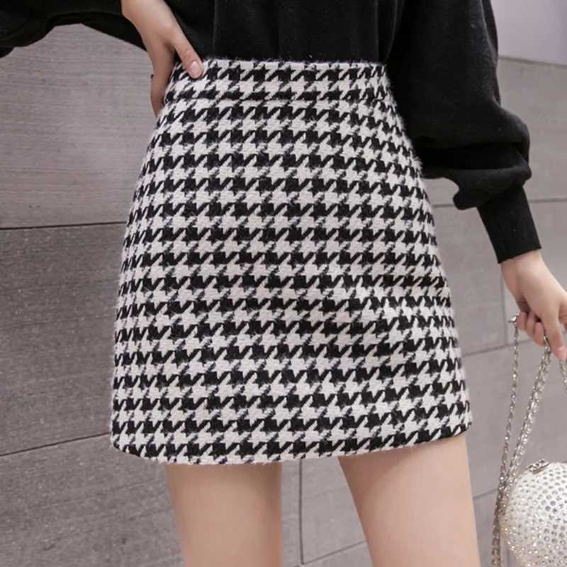 High Waist Retro Houndstooth Winter Wool Pencil Skirt For Women 2023 Casual Vintage Plaid Slim Short Saias FemmeXJ241221