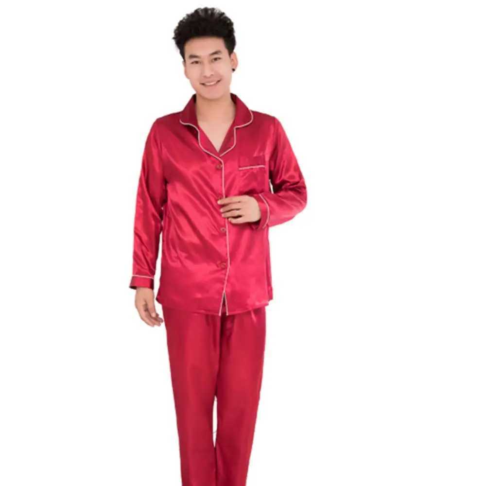 Silk satin mens sleepwear set fashionable sleepwear for couples solid color long sleeved set W241221