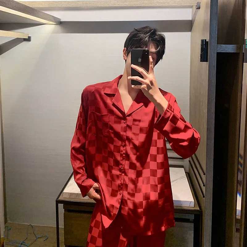 Boys Fashion Pajamas Mens 2024 Spring and Autumn Long sleeved Pants Pajamas Youth Thin Ice Silk Summer Casual Set Pajamas W241221
