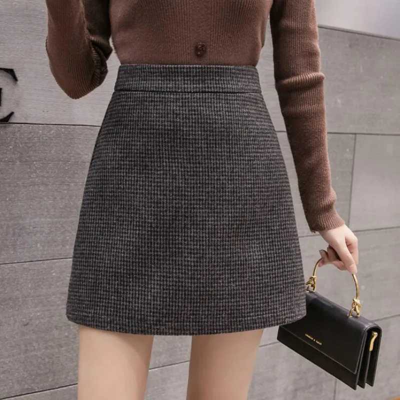 Autumn Winter New Fashion Plaid A-Line Mini Skirt Women High Waist Woolen Skirt Fe Casual All-match Basic SkirtXJ241221