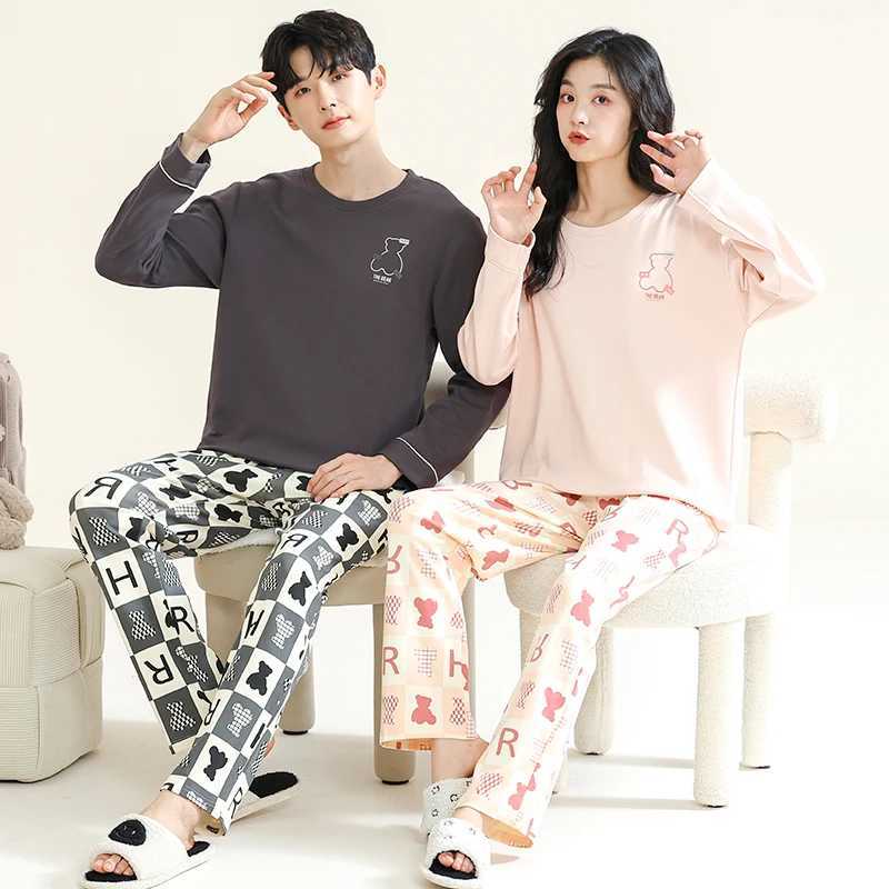 Autumn Cartoon Bear Womens Pajama Set Couples Pajama Korean Pajama Long Sleeve Cotton Pajama W241221