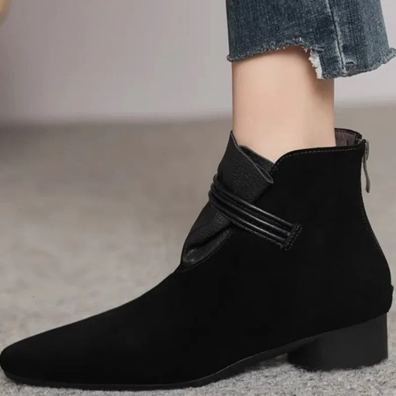 Shoes Female High Quality Ankle Womens Boots Elegant Modern Boots Women Sewing Pointed Toe Low Heel Back Zip Shoes Women 241220