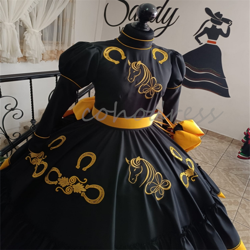 Mexican Black Quinceanera Dress Charro Embroidery Horse Long Sleeve Birthday Party Sweet 16 Vestidos De 15 Anos Xv Debutante Halloween Cosplay Costume