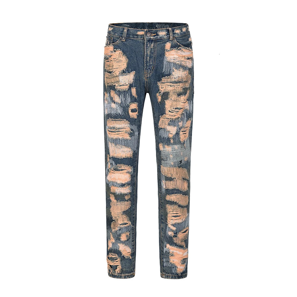 High Street Hole Distressed Ripped Straight Baggy Jeans for Men Washed Patchwork Casual Cargo Pants Oversized Denim Trousers 241218