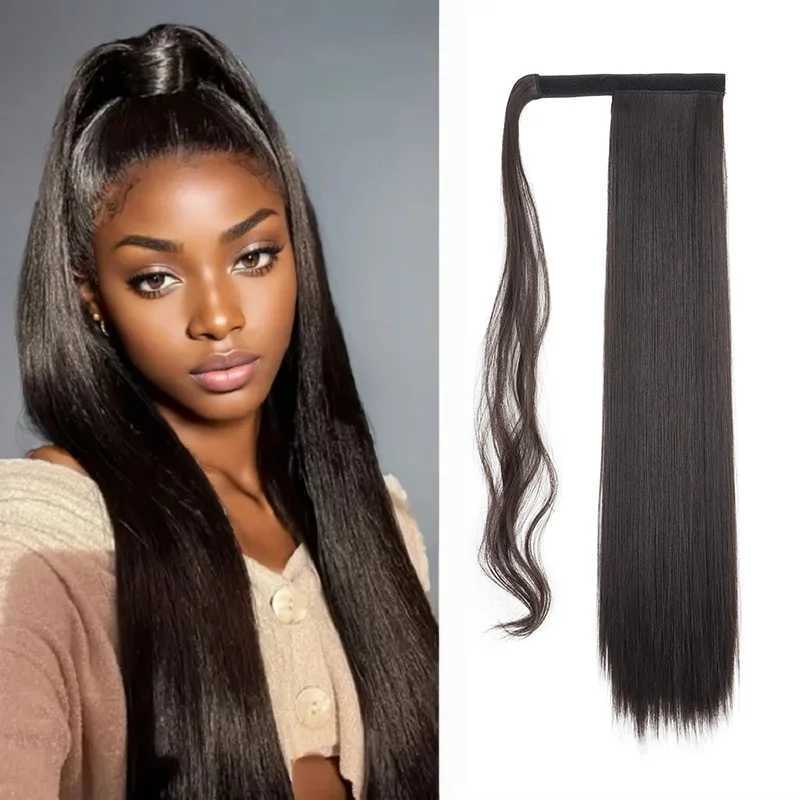 24Inch Synthetic Long Straight Ponytail Hair Extension Heat Resisting Black Hairpiece for WomenXJ241221