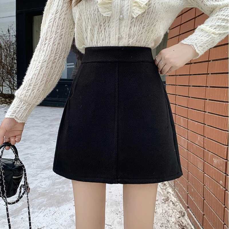 Simplicity Office Lady Autumn Winter Woolen Women Thicken Solid Zipper Pocket Vintage Fashion High Waist Short Slim A-line SkirtXJ241221