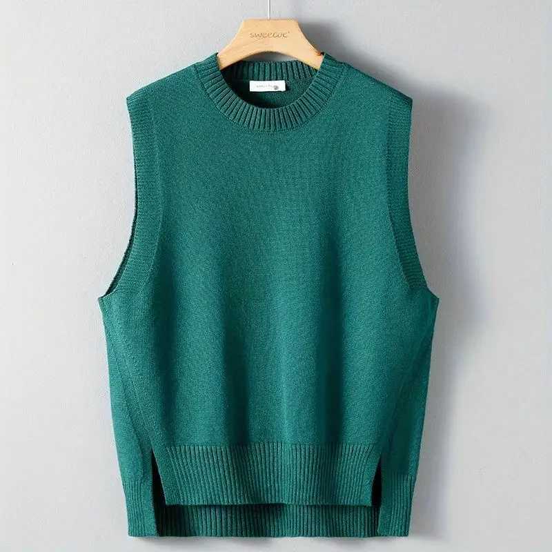 Sweater Man O-Neck Knit Vests for Men Slit Loose Solid Color Waistcoat Clothing Deals 2024 Korean Reviews Clothes High QualityXJ241221