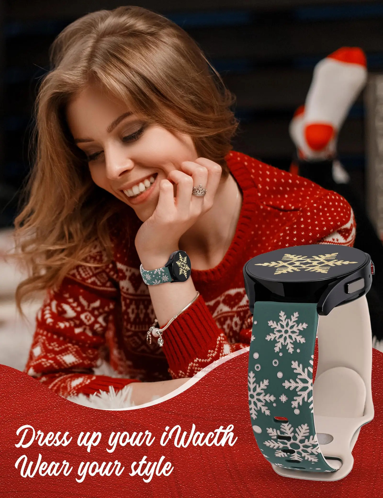 20mm Christmas Floral Engraved Band for Watch 7/FE/6/5/4 Silicone Strap for Watch 6 Classic/Watch 3/Active 241220