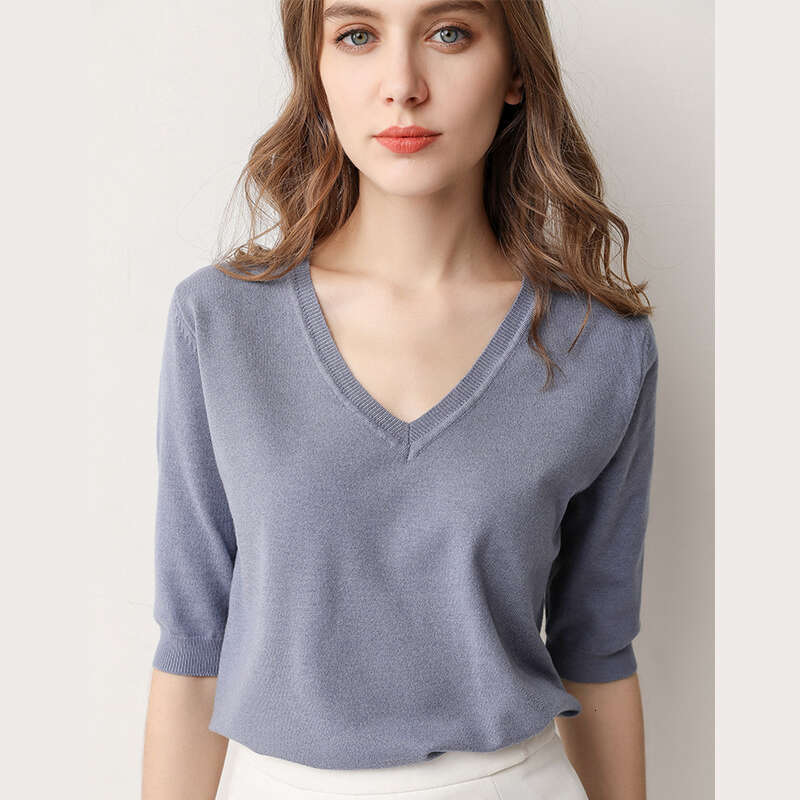 Spring Summer New Short Sleeve Cashmere Sweater Women's Low Collar Loose V-Neck Knit Bottoming Shirt Female Pullover Tops
