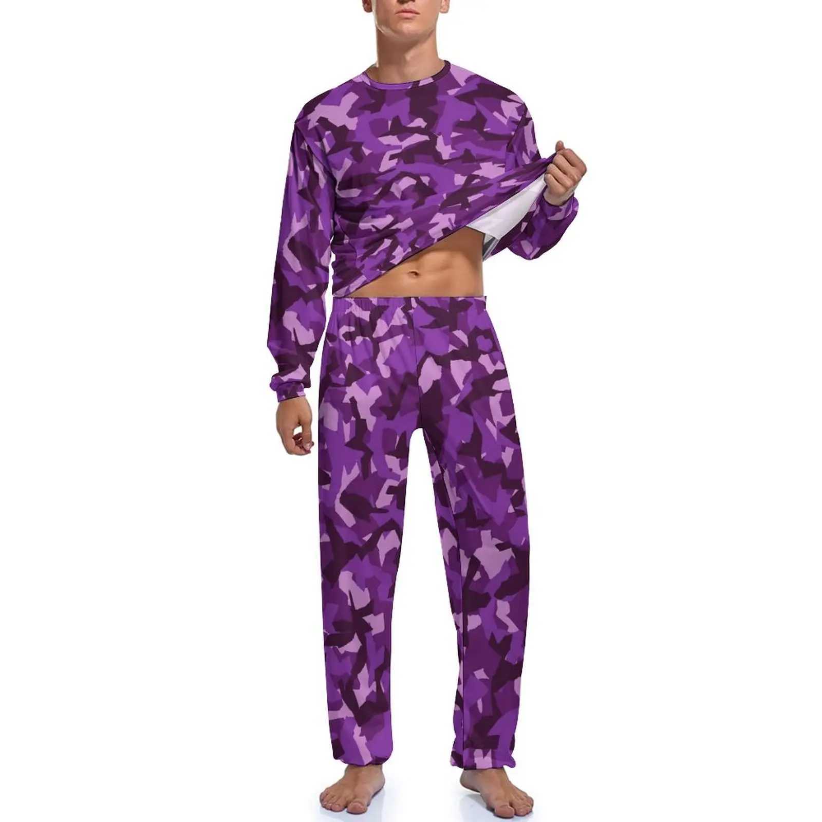 Military camouflage pajamas purple camouflage mens long sleeved soft sleepwear set 2-piece home autumn graphic sleepwear birthday gift W241221