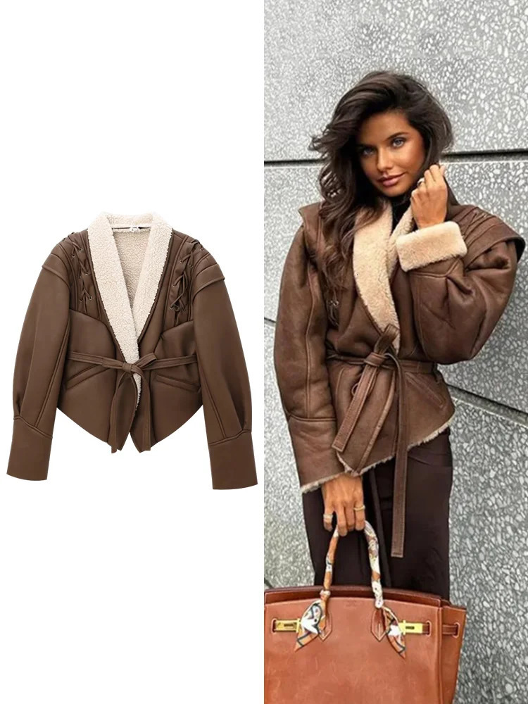 TRAF Womens Fur One Warm Suede Jacket Autumn and Winter High Street Vintage Long Sleeve Belted n Womenswear 241216