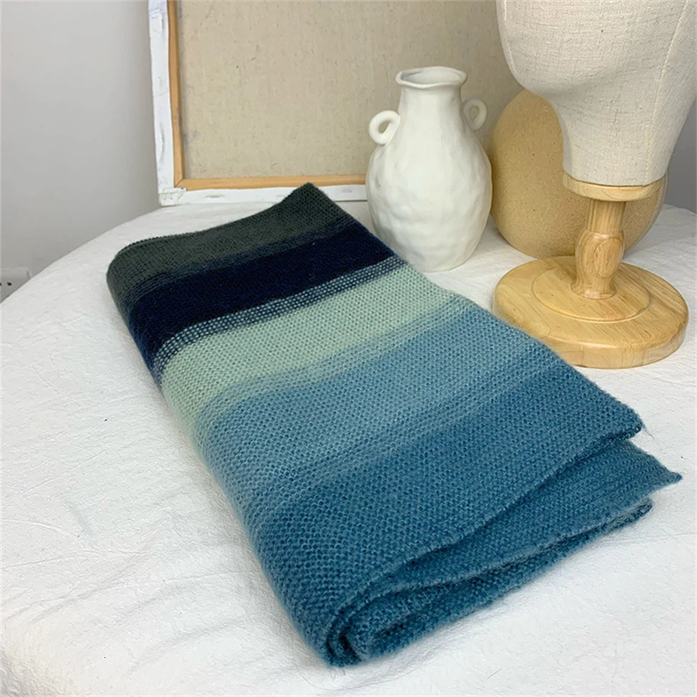 Rainbow Knit Scarf for Women Winter Thick Cashmere Stripe Shawl and Wrap Fashion Warm Streetwear Girls Foulard Wool Scarves 241220