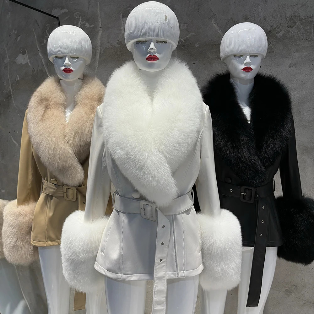 YOLOAgain Womens Real Fox Fur Collar Sheepskin Leather Jacket Coat Autumn 241216