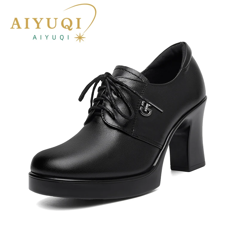 AIYUQI Women High Heels Shoes Fall Genuin Leather Plus Size Women Dress Shoes Lace-up Women Shoes
