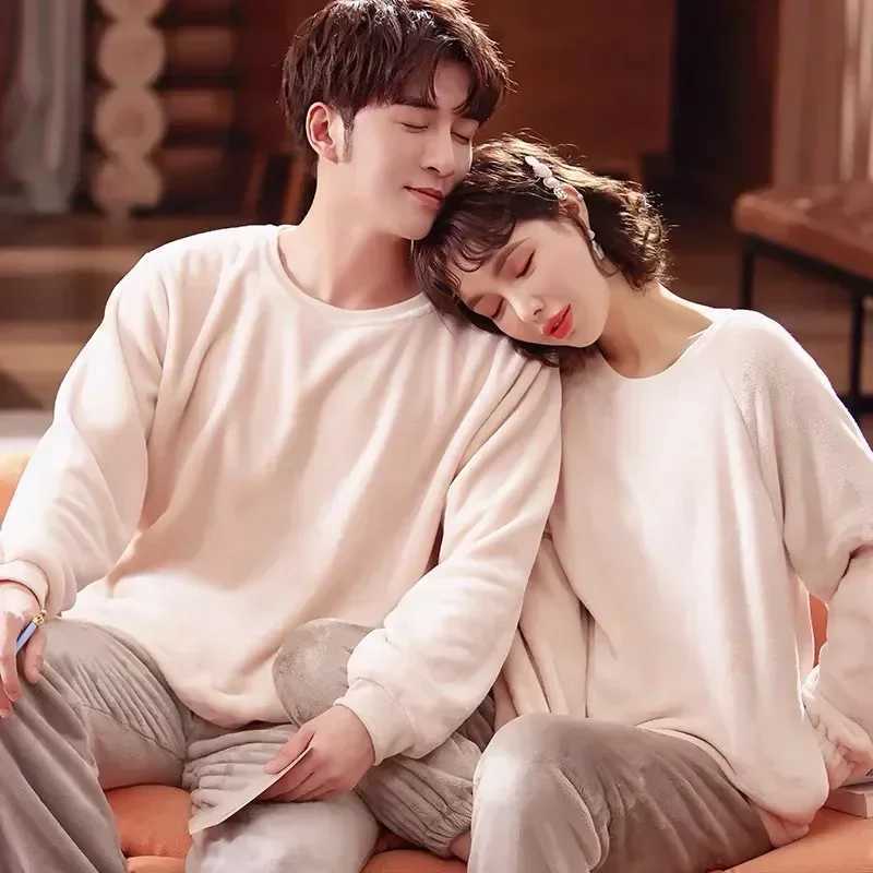 Color set sleeve pajamas two-piece set pajamas Pnats long comfortable pajamas couple set pajamas autumn couple solid color home plush W241221