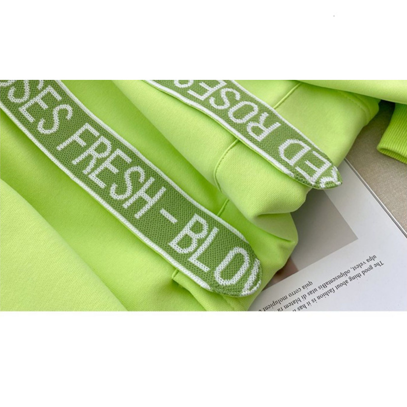Women Pink Hooded Sweatshirt Letter Drawstring Korean Fashion Vintage Baggy 2023 NEW Winter Long Sleeves Green Pullover Tops