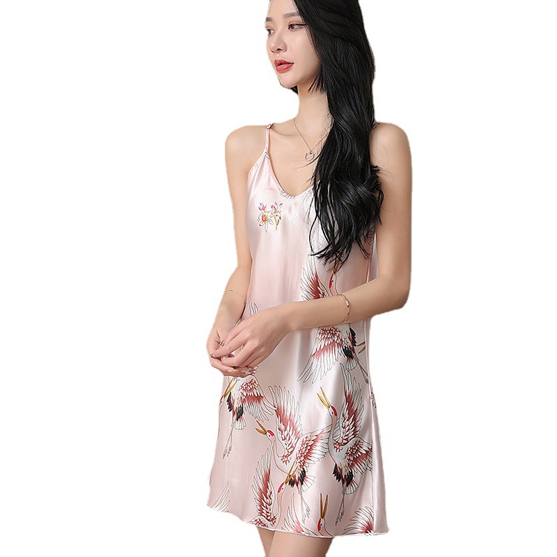 B672-Lace French pajamas women's sexy nightdress female ice silk long backless home clothes
