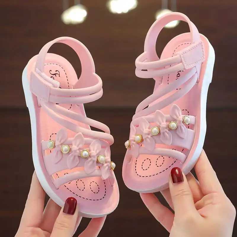 Sneakers 2024Chic Toddler Girls Flower Adorned Open Toe Sandals - Comfy Non-Slip Sole with Easy Hook and Loop Closure for Casual Wear H241221