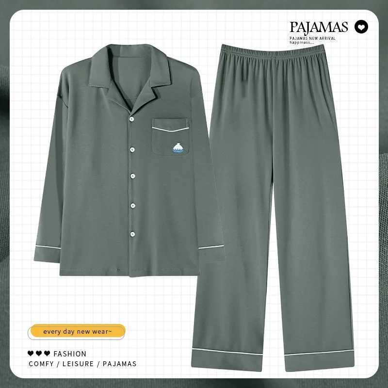 Mens cotton lapel loose long sleeved green casual wear spring and autumn sleepwear large size L-4XL cardigan set pijma hombre W241221