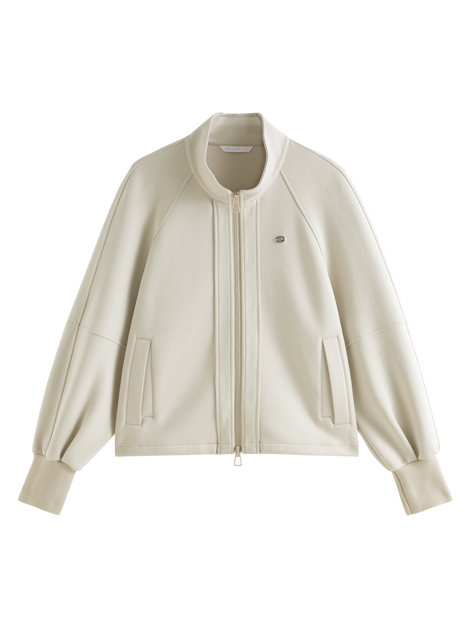 ZIQIAO Stand Collar Women Casual Coats Oatmeal Zip-Up Cropped Sweatshirt Jacket 2024 Autumn Cotton Short Sweatshirts 24Zq94212