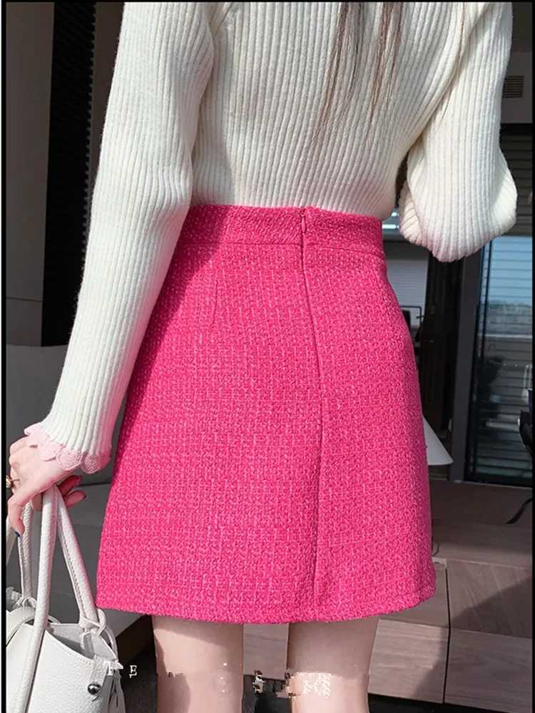 Korean Temperament Rose Red Tweed Short Skirt Fe Autumn High Waist Pockets A-line Woolen Mini Skirts WomenXJ241221