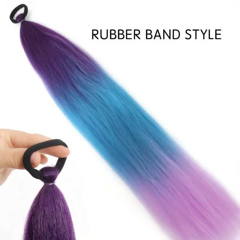 Colorful Braiding Hair With Elastic Rubber Band Hairpieces For Women Hair Extensions Purple Ombre Braid Ponytail Synthetic 1 pcXJ241221