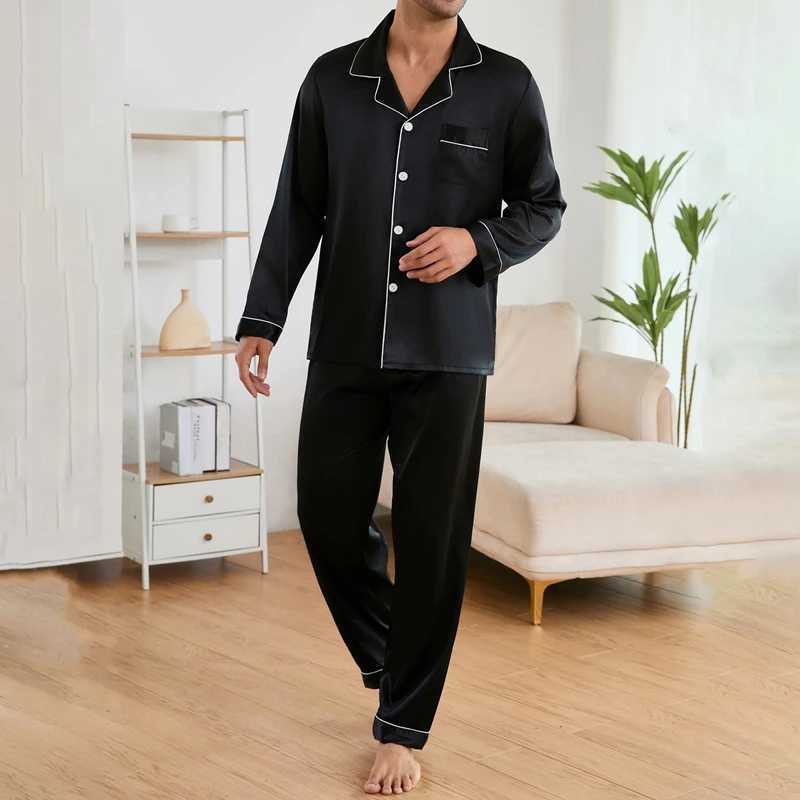 Mens satin pajama set autumn collar long sleeved top and pants pajama button down jacket mens pajama W241221