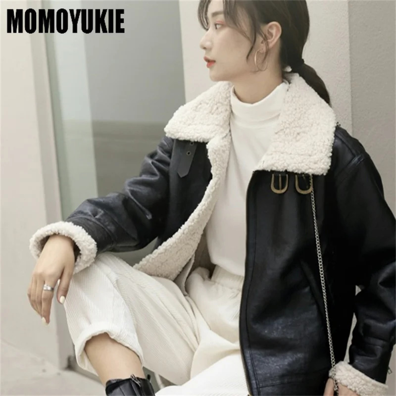 Winter Style Casual Loose Women Streetwear Faux Lamb Leather Fur Short Jacket Moto Biker Thick Warm Sheepskin Coat 241216
