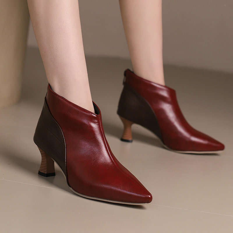 Spring And Autumn French Pointed Wood Grain Fine Ankle Boots Temperament Color Blocked Back Zipper Women's High Heels Single Shoes
