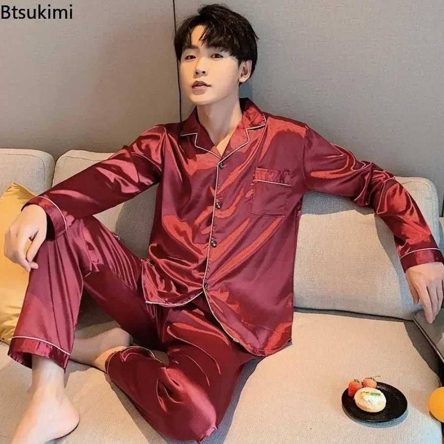 High quality mens casual pajamas set fashionable satin long sleeved lapel top and pants Homewaer set mens comfortable lounge pajamas W241221
