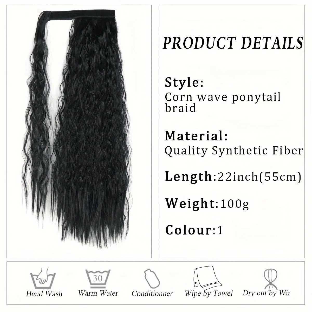 22 Inch Corn Wave Ponytail Extension Heat Resistant Synthetic Hair Extension Wrap Around Ponytail Black Hairpiece For WomenXJ241221