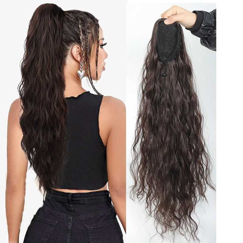 22Inch Long Synthetic Water Wave Curly Ponytail Drawstring Clip in Hair Natural color Extension for WomenXJ241221