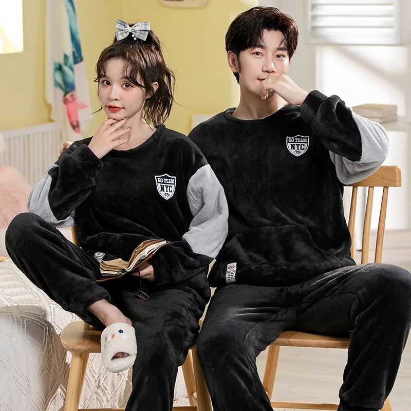 Autumn and winter thick warm flannel mens pajamas two-piece round neck coral velvet long sleeved family wear couple pajamas W241221