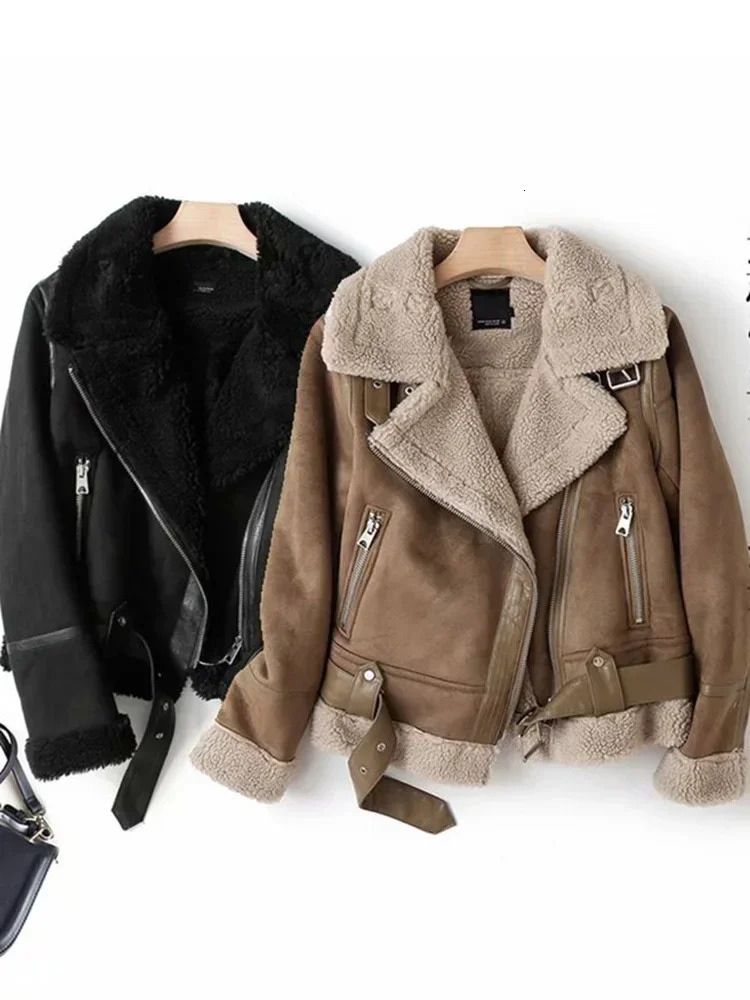 Winter Faux Leather Jacket Women Punk Suede Fur Coat Biker Motorcycle Warm Black Outerwear ED1838 241216