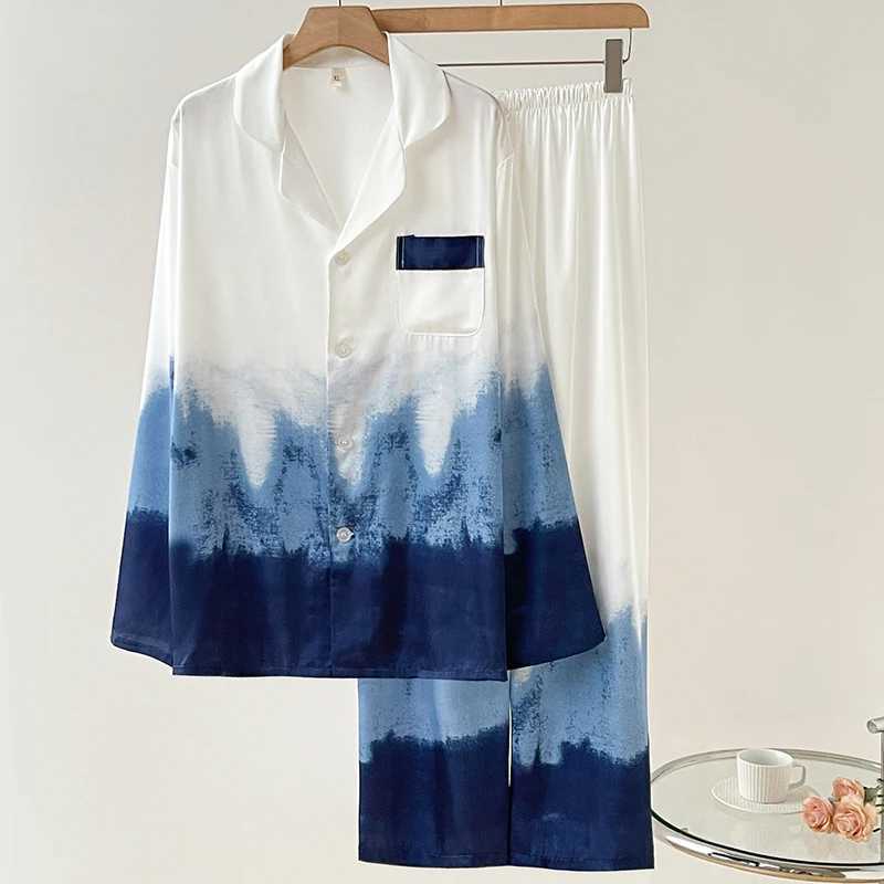 Couples Pajama Set Spring and Autumn Trouser Set Pajama Blue Ink Gradient Ice Silk Pajama Lounge Wearing Loose Home Clothing W241221