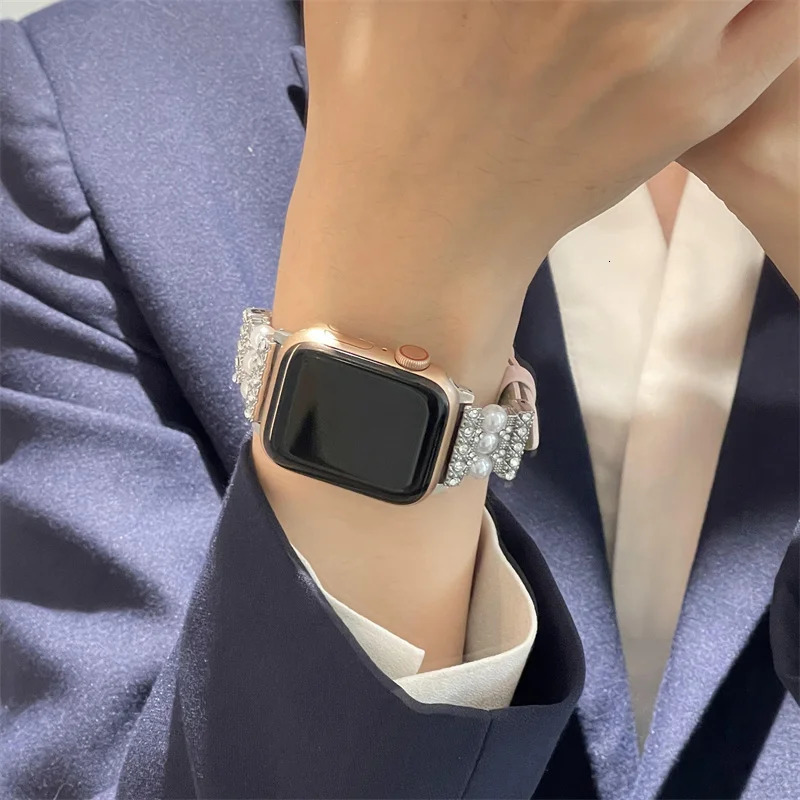 Leather Bracelet For iWatch Series 41 45mm 38 42 44mm 40 Pearl Decorate Women Wrist Strap For Watch 8 7 6 5 4 3 SE 241220