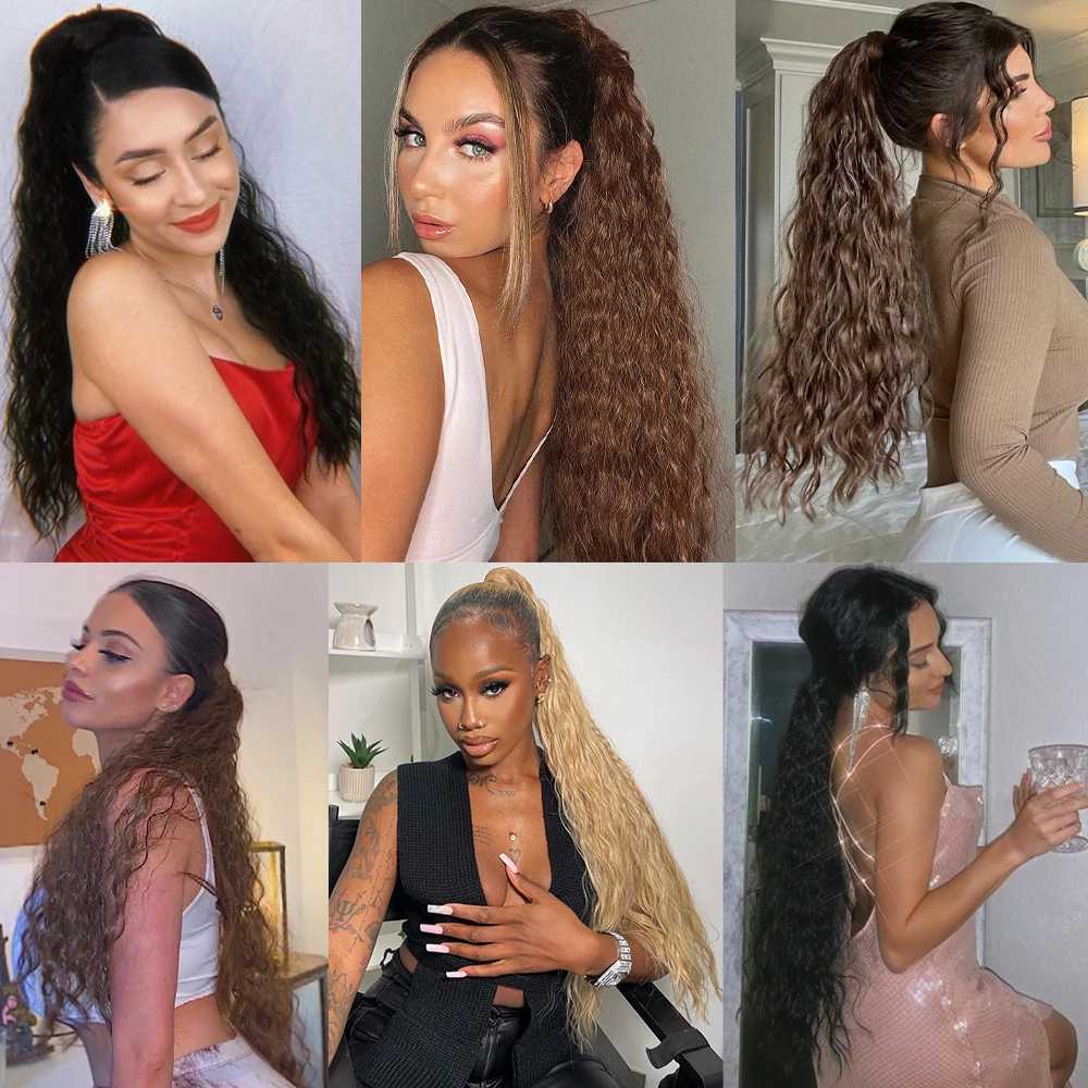 Synthetic Long Corn Wavy Ponytail Hairpiece 55 85cm Wrap Around Hair Clip in Black Ombre Blonde Hair Extensions Pony TailXJ241221