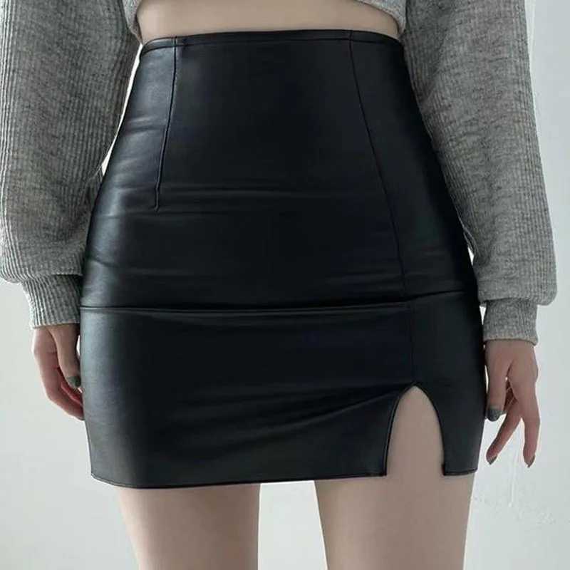 Xpqbb Balck PU Leather Mini Skirt Women Sexy Skinny High Waist Side Split Hip Skirts Autumn New Korean Office Lady Short SkirtXJ241221