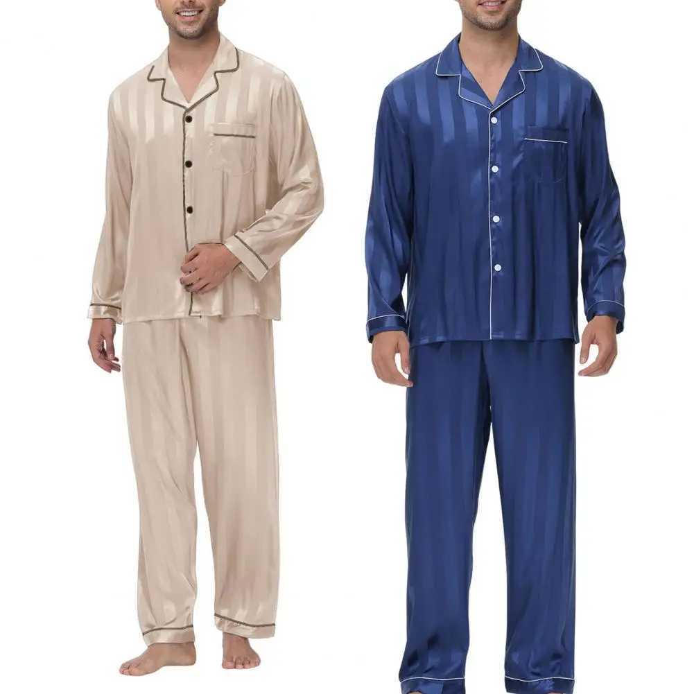 2-piece/set silk satin mens sleepwear set buttoned sleepwear top chest pocket long pants set comfortable sleepwear W241221